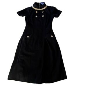 Vintage Black Mod Midi Dress Cream Collar Silver Buttons Belted Size 6